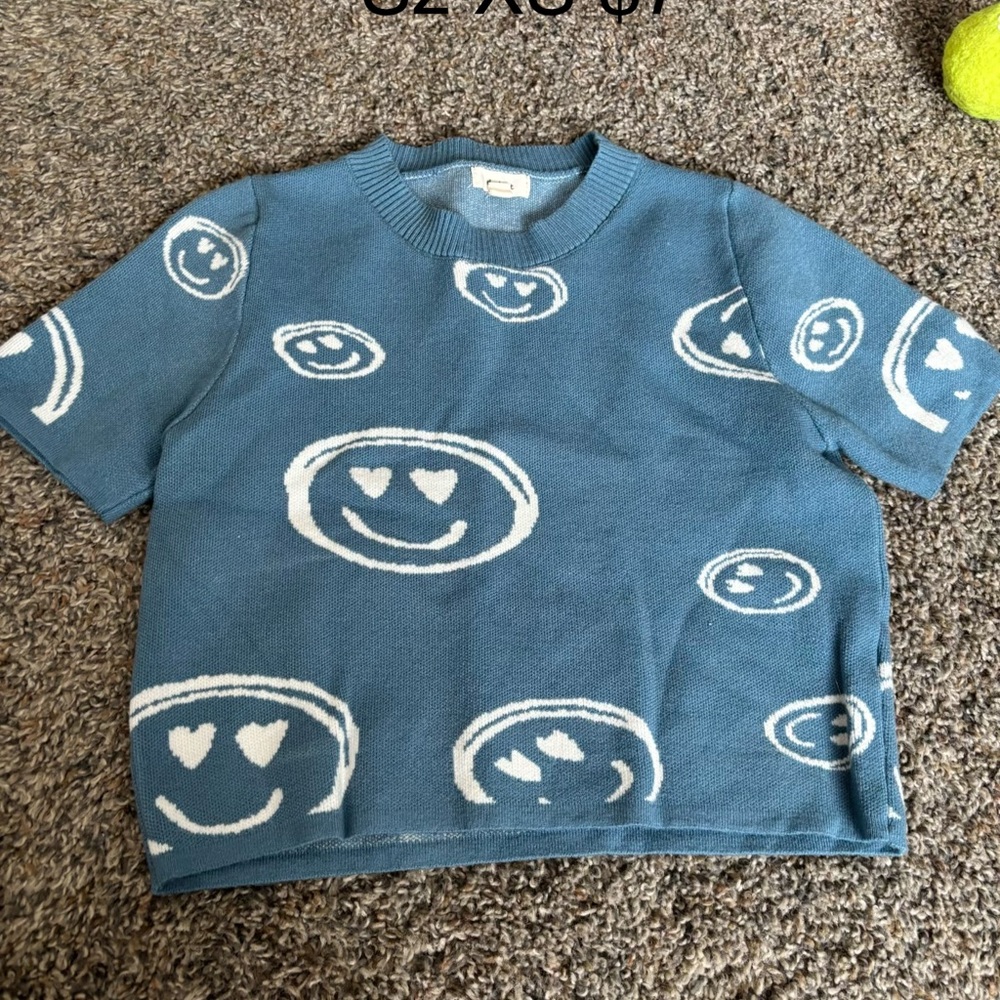 Blue Smiley Knit Short-Sleeve Top - Kids